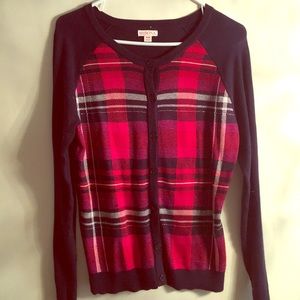 Plaid sweater; red, purple, blue, white